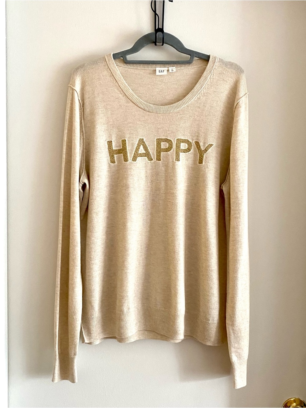 GAP Women's 'Happy' Long Sleeve Crewneck Sweater XL Cream